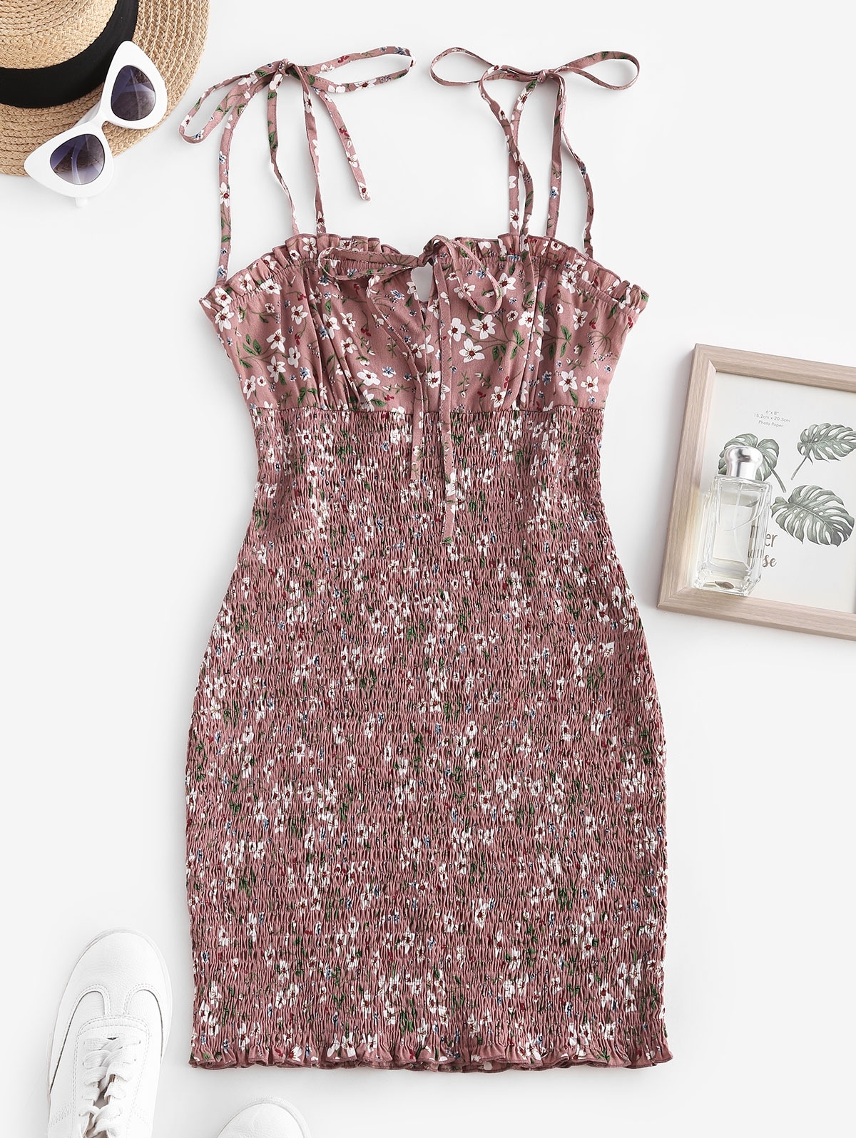 Zaful Gebundenes Blumen Kittel Rüsche Schulter Schlüsselloch Kleid | L