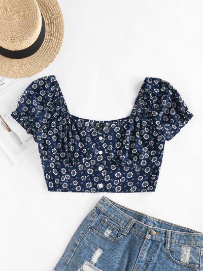 Zaful ZAFUL Tiny Floral Crop Milkmaid Blouse | Women's | DEEP BLUE | S
