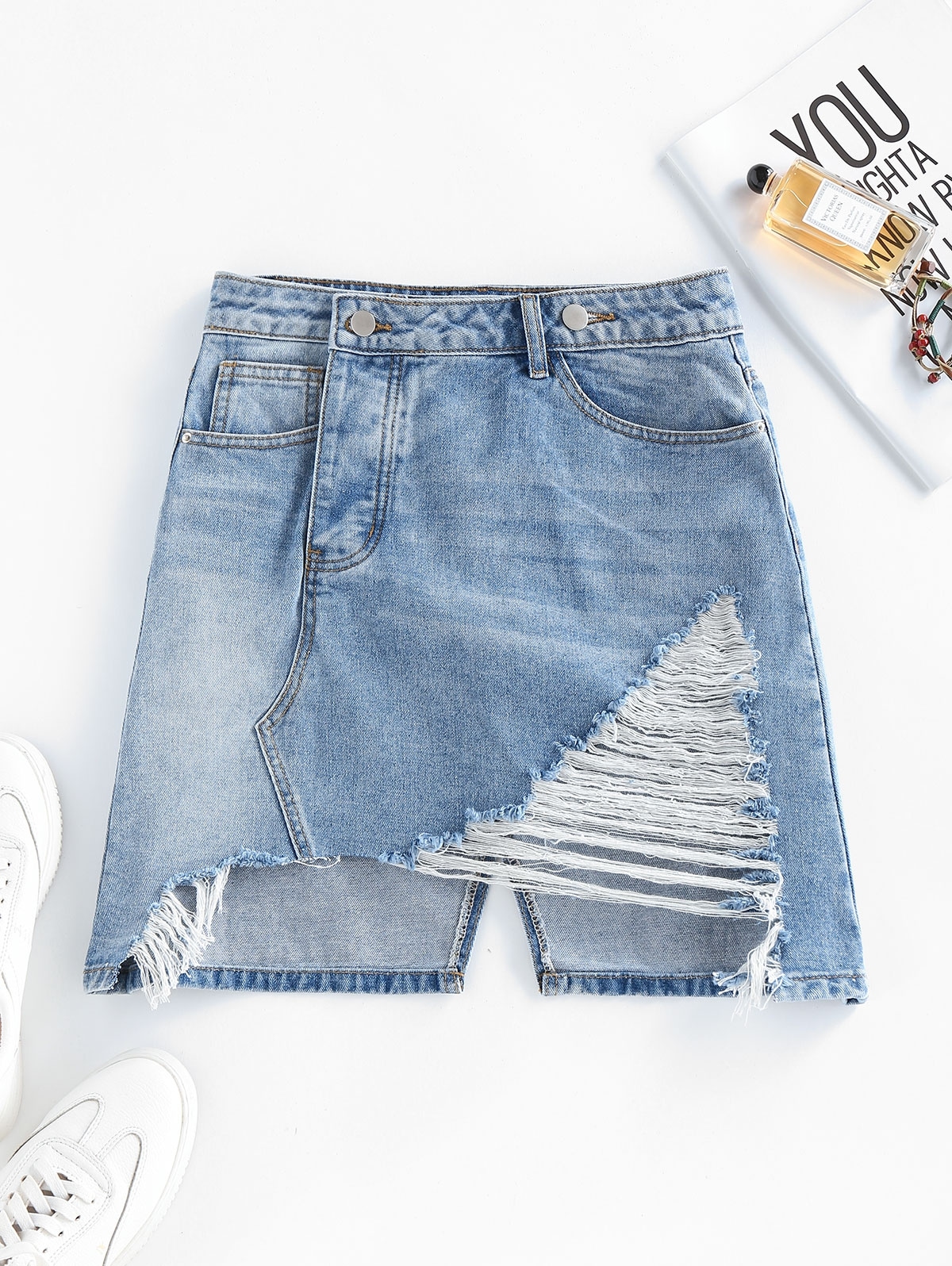 Zaful Ripped Asymmetric Denim Skirt | Women's | LIGHT BLUE | M