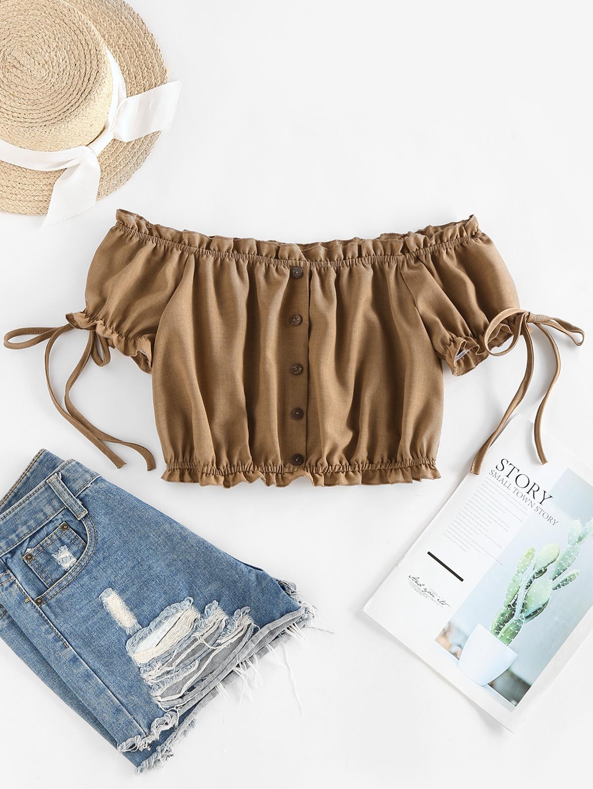 Zaful ZAFUL Schulterfreie Rüschen Falschen Knöpfe Crop Bluse | S