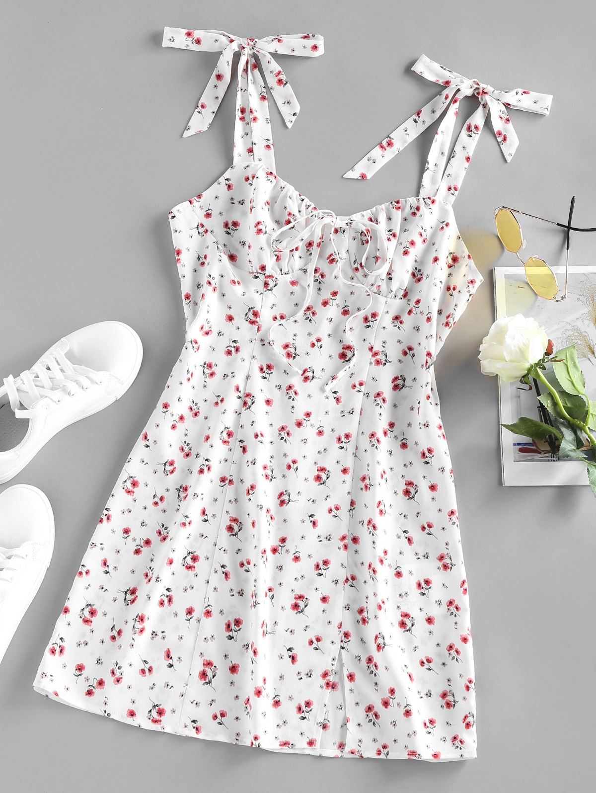 Zaful ZAFUL Ditsy Blumen Schlitz Rüschenkleid | L