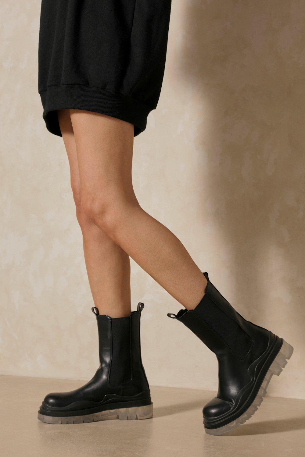 Womens Leather Look Clear Sole Calf Boots - black - 5, Black