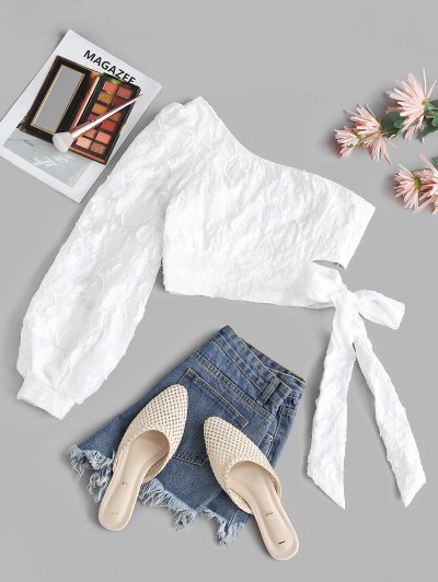 Zaful Blattmuster Einziger Schulter Riemchen Crop Bluse | L