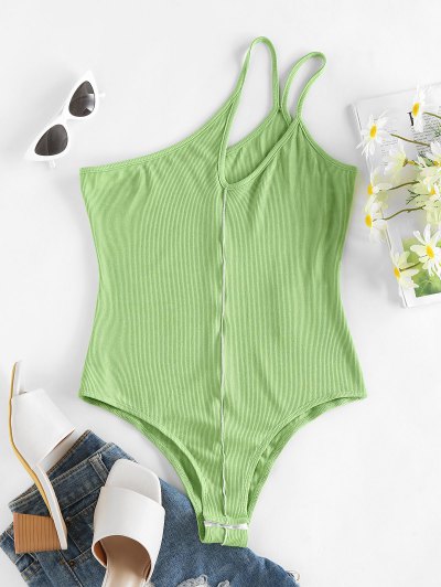 Zaful ZAFUL Ribbed One Shoulder Cutout Topstitch Bodysuit | Women's | LIGHT GREEN | S