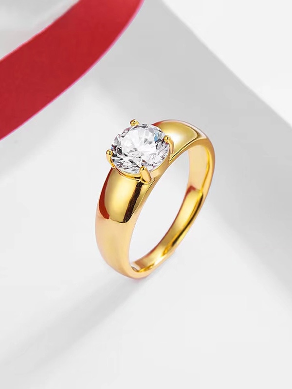 Zaful Single Zircon Inlaid Gold-Plated Bezel Setting Ring | GOLDEN | US 6