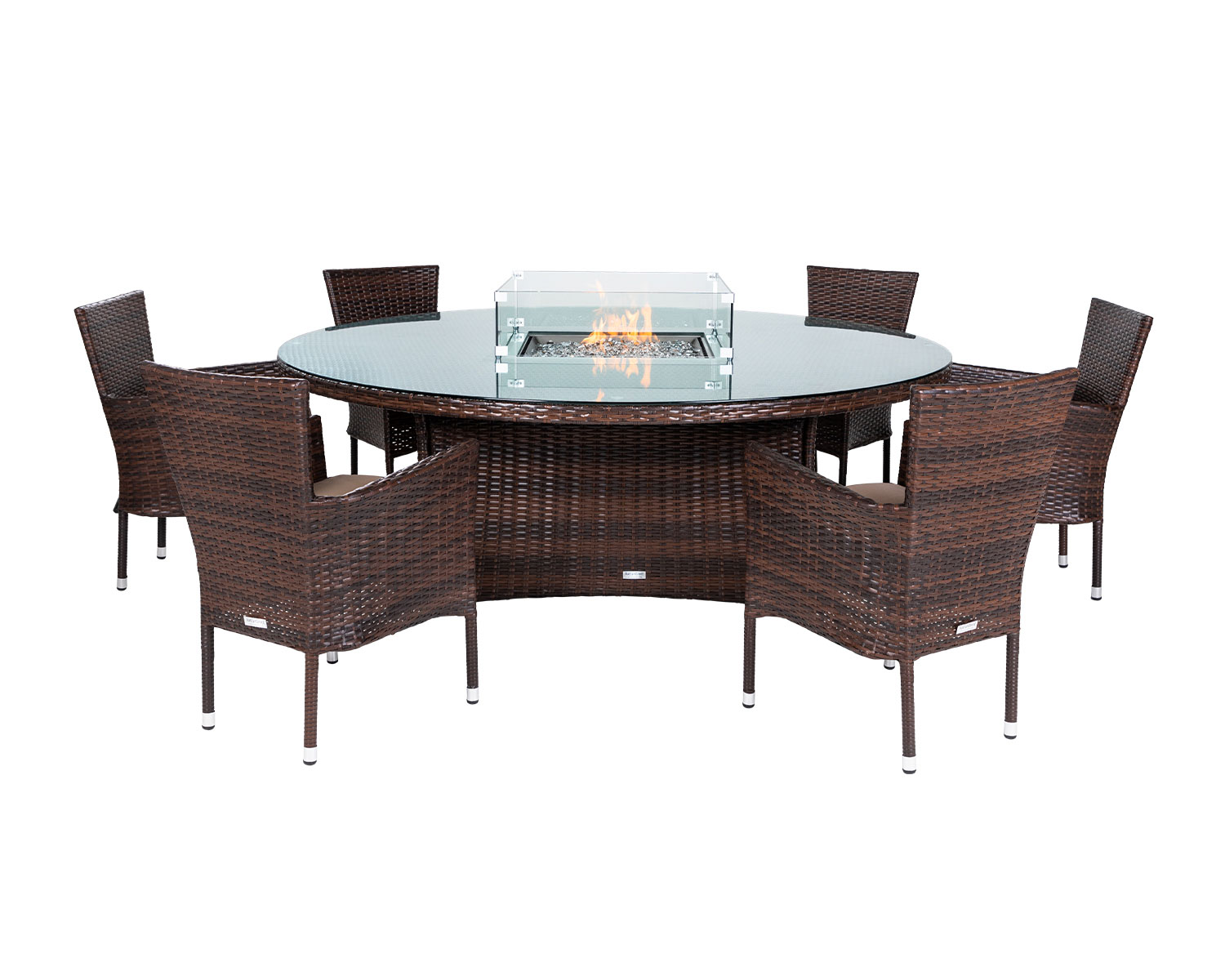 Cambridge 6 Stacking Chairs &amp; Large Round Fire Pit Table Set in Brown - Cambridge