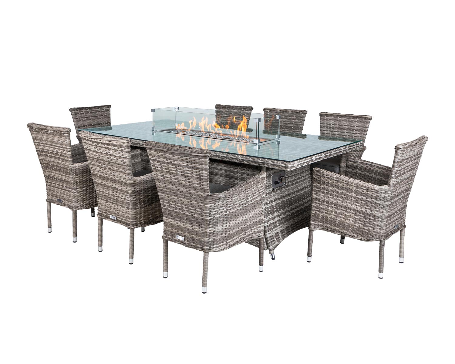 Cambridge 8 Stacking Chairs & Rectangular Fire Pit Table Set in Grey - Cambridge