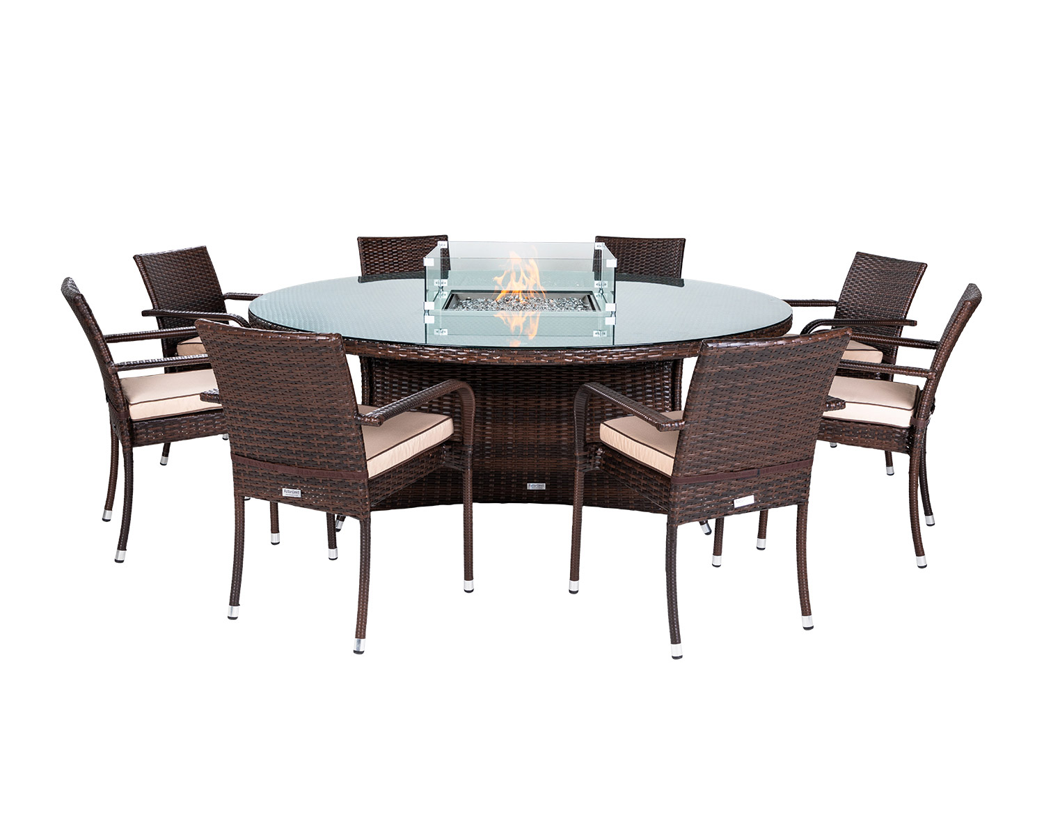 Roma 8 Stacking Chairs &amp; Large Round Fire Pit Table Set in Brown - Roma