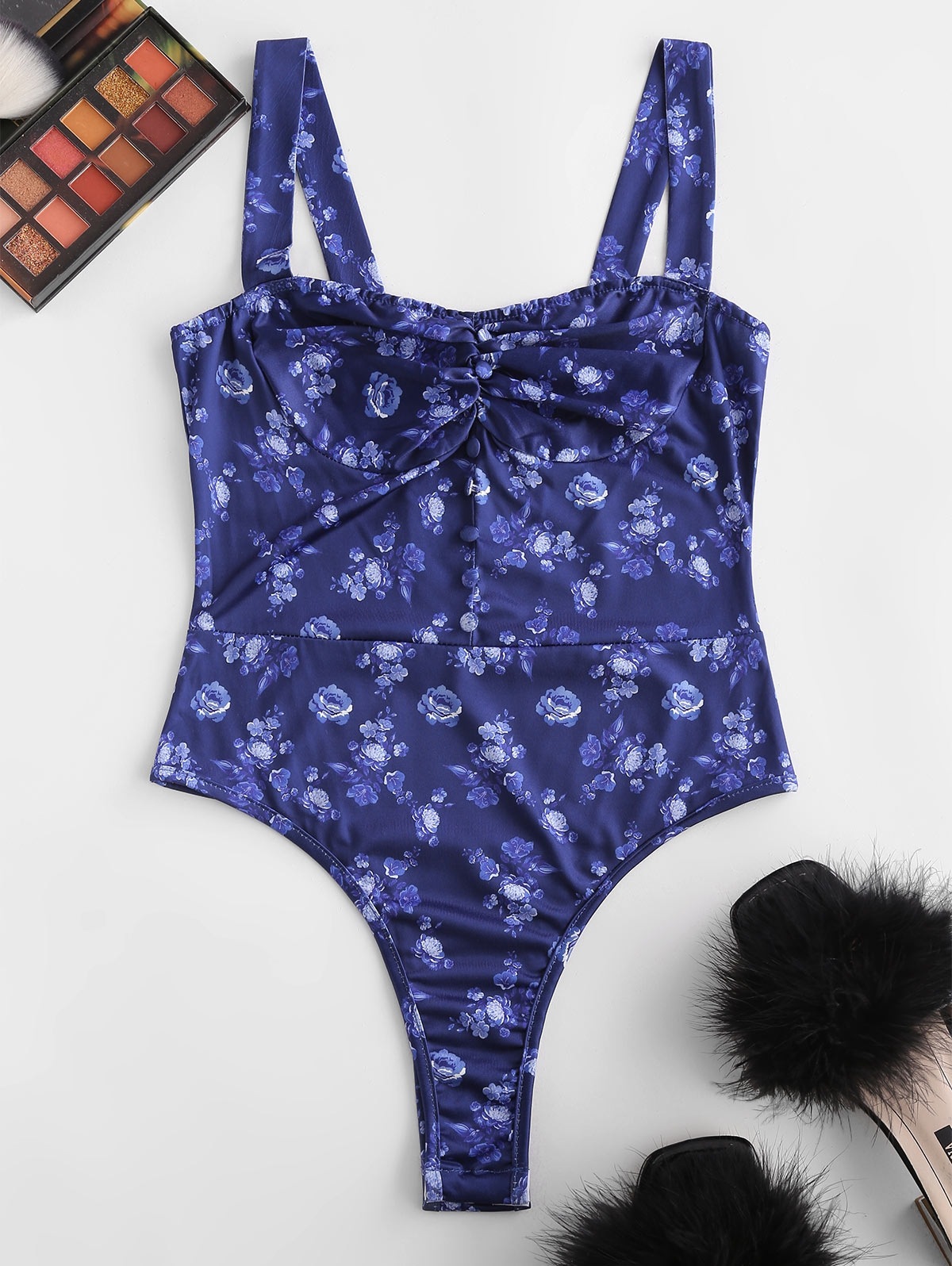 Zaful Falschen Knöpfe Knopf Geraffter Jumper Bodysuit | L