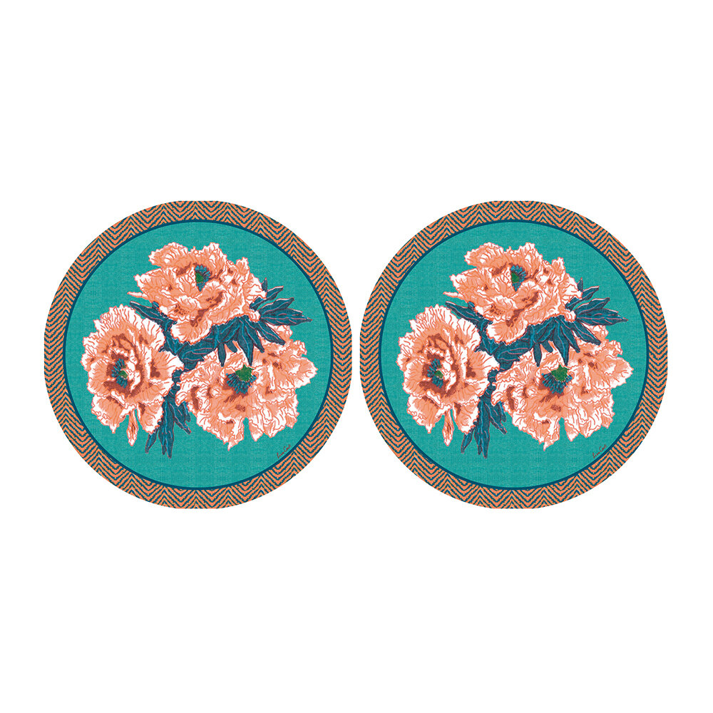 Lisa Corti - Floral Round Coaster - Set Of 2 - Blue/Coral