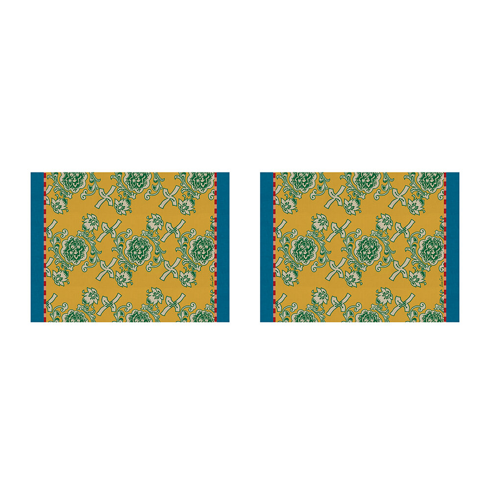 Lisa Corti - Jacquard Inspired Rectangular Placemat - Set Of 2 - Mustard/Blue