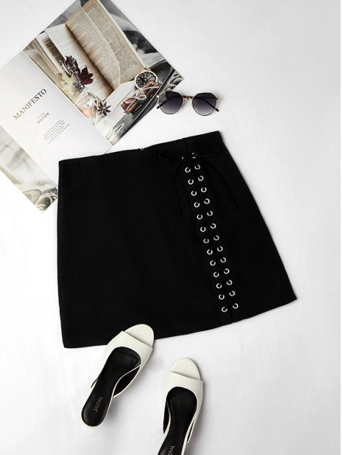 Grommet Lace Up A-Line Bodycon Mini Skirt