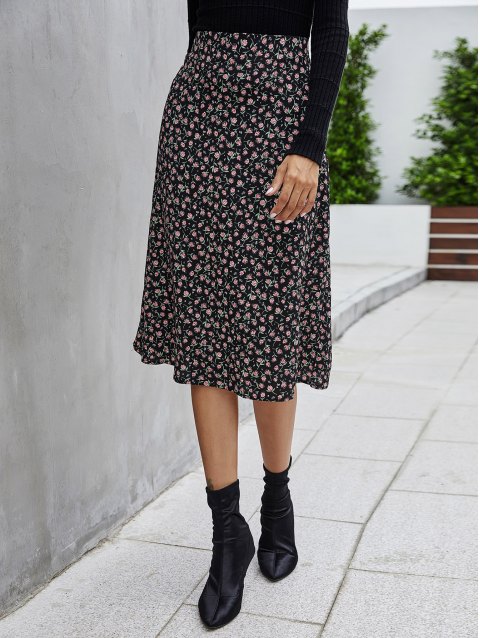 Floral Print High Rise Midi Skirt