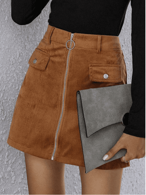 Zip Front Corduroy Flap Pocket Mini Skirt