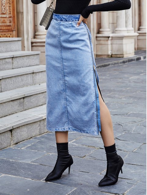 Two Tone High Waisted Split Denim Skirt
