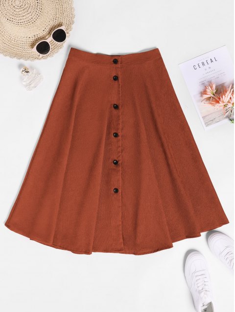 Solid Button Up Corduroy Midi Skirt