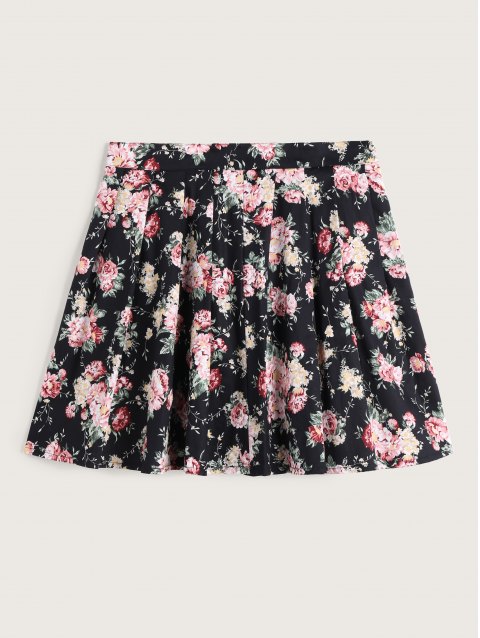 Plus Size Floral Print Pleated Skirt