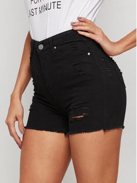 Solid Shredded Denim Shorts