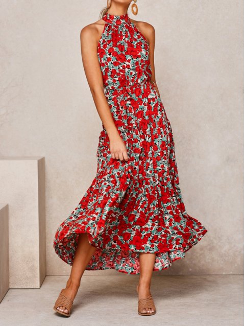 Floral Print Halter Boho Maxi Dress