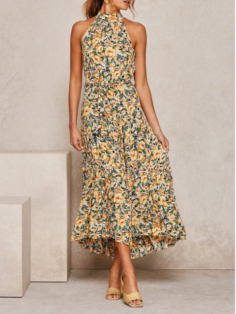 Floral Print Halter Boho Maxi Dress