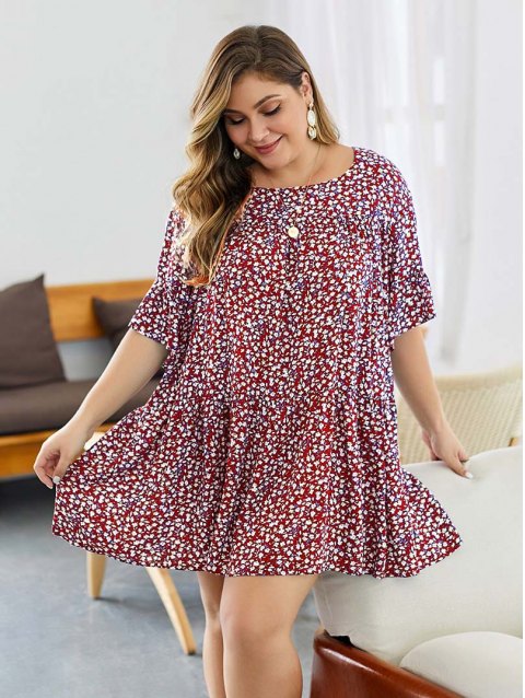 Plus Size Floral Flare Sleeves Mini Dress