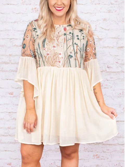 Plus Size Floral Embroidery Mesh Mini Dress