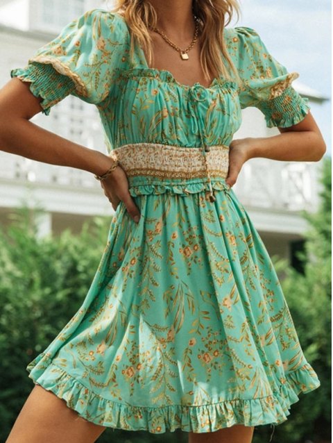 Square Neck Puff Sleeve Mini Dress