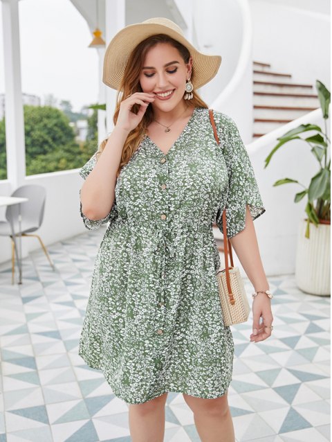 Plus Size Floral Print Drawstring Mini Dress