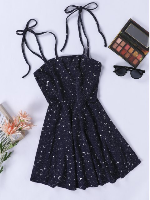 Star & Moon Pattern Sleeveless Mini Dress