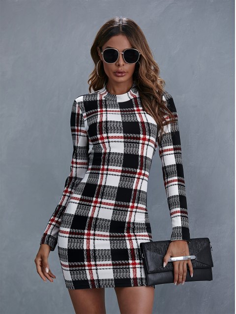 Mock Collar Plaid Bodycon Dress