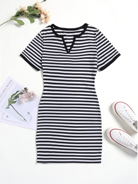 Striped V Notch Bodycon Dress