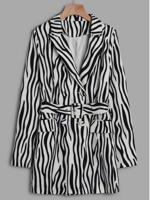 Zebra Print Belt Pocketed Blazer