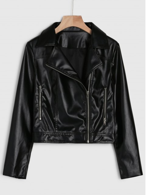 Notched Lapel Faux Leather Biker Jacket