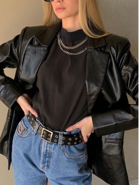 Notched Lapel Collar PU Leather Jacket