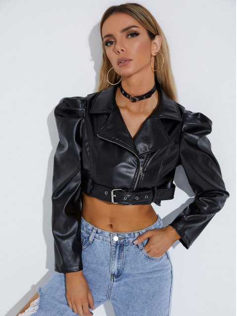 Belted Zippered Crop Biker Jacket