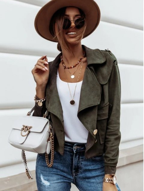 Suede Padded Shoulder Button Up Biker Jacket