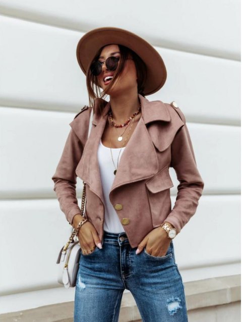 Suede Padded Shoulder Button Up Biker Jacket