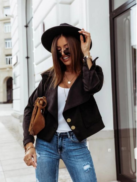 Suede Padded Shoulder Button Up Biker Jacket