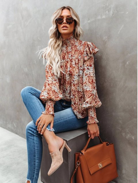 Balloon Sleeve Floral Print Smocked Blouse