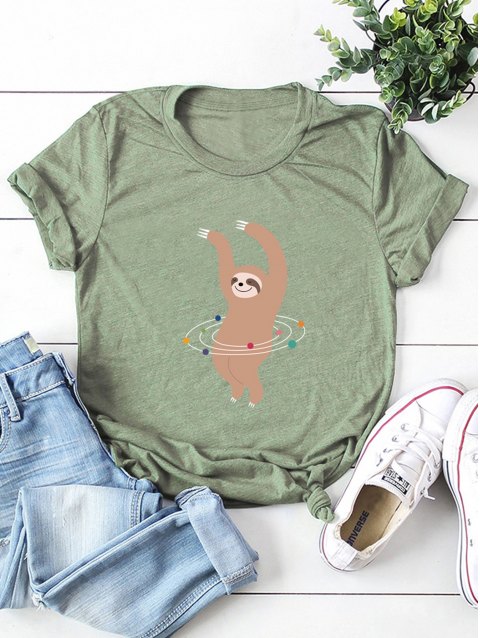 Round Neck Funny Sloth Playing Hula Hoop Graphic Tee