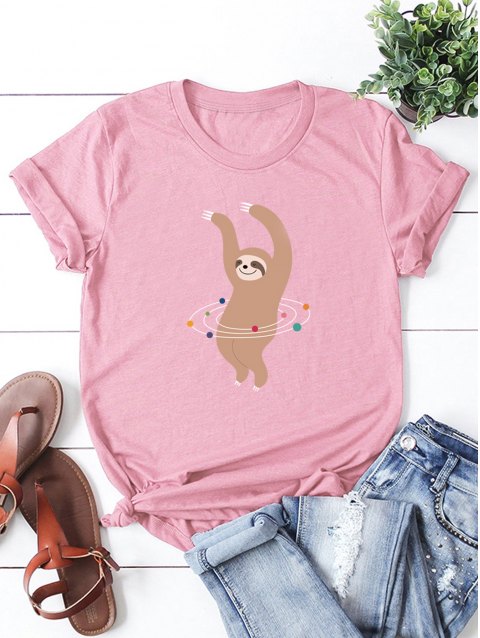 Round Neck Funny Sloth Playing Hula Hoop Graphic Tee
