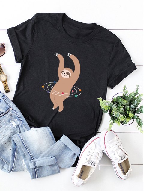 Round Neck Funny Sloth Playing Hula Hoop Graphic Tee