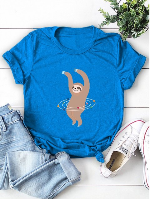 Round Neck Funny Sloth Playing Hula Hoop Graphic Tee