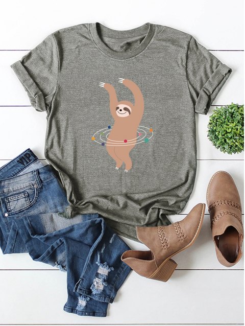 Round Neck Funny Sloth Playing Hula Hoop Graphic Tee