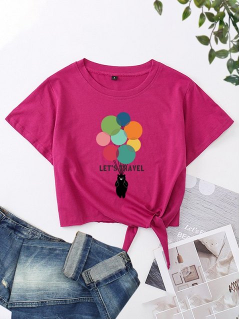 Balloon Bear Print Graphic Short Sleeve Crop Tee