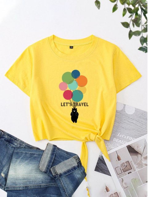 Balloon Bear Print Graphic Short Sleeve Crop Tee