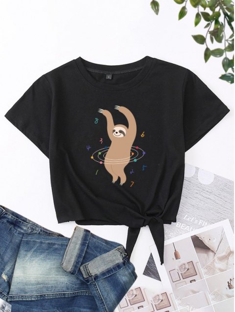 Hula-Hoop Sloth Graphic Crop T-Shirt