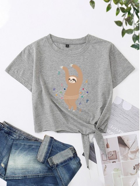 Hula-Hoop Sloth Graphic Crop T-Shirt