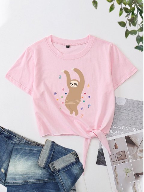 Hula-Hoop Sloth Graphic Crop T-Shirt