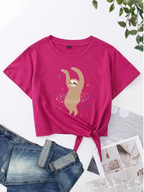 Hula-Hoop Sloth Graphic Crop T-Shirt